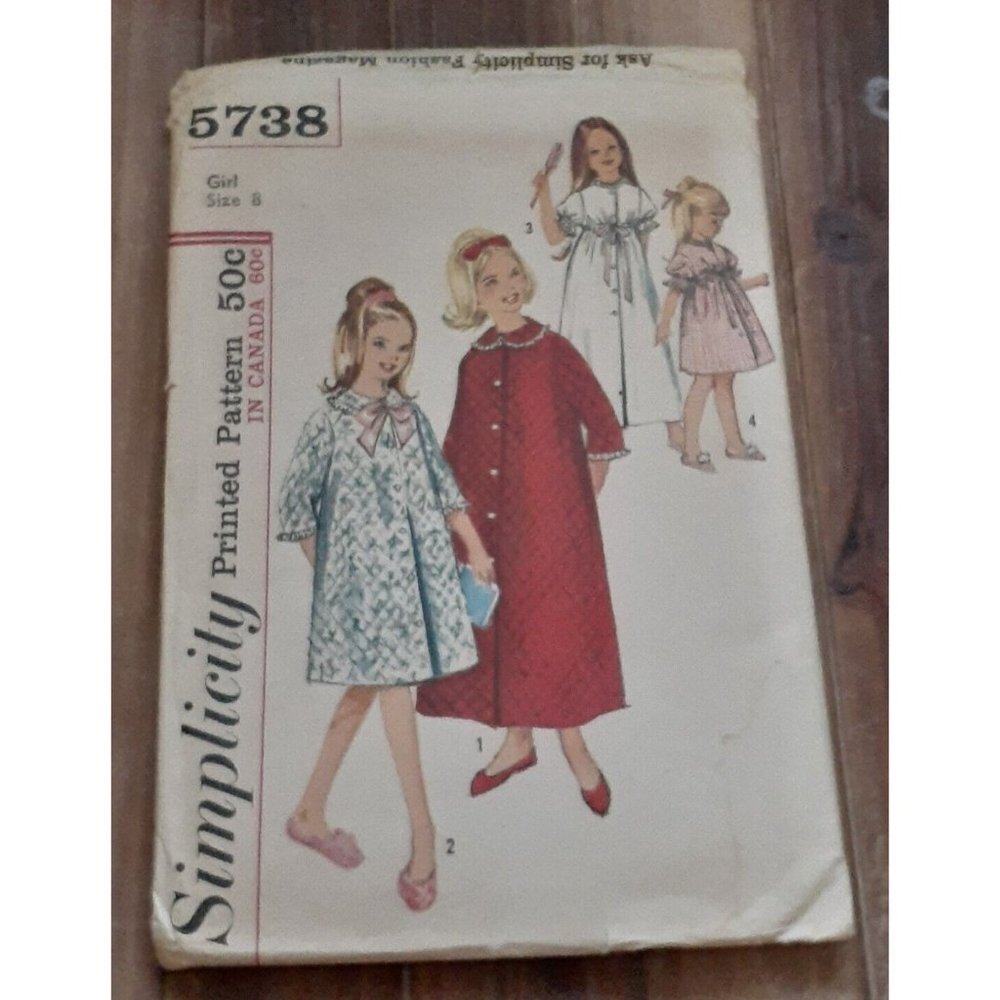 Vintage Simplicity 5738 Sewing Pattern Girl Size 8 Robe two Lengths 1964 Uncut